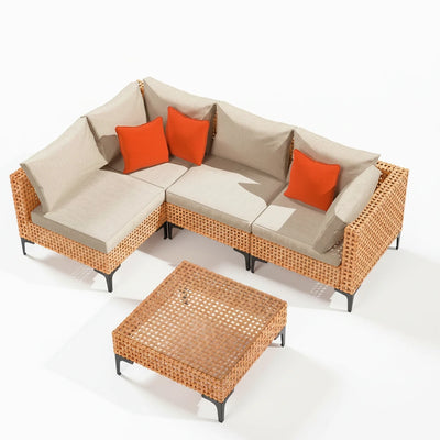 5-Piece Modular Wicker Sectional Sofa Set – Salmon & Orange