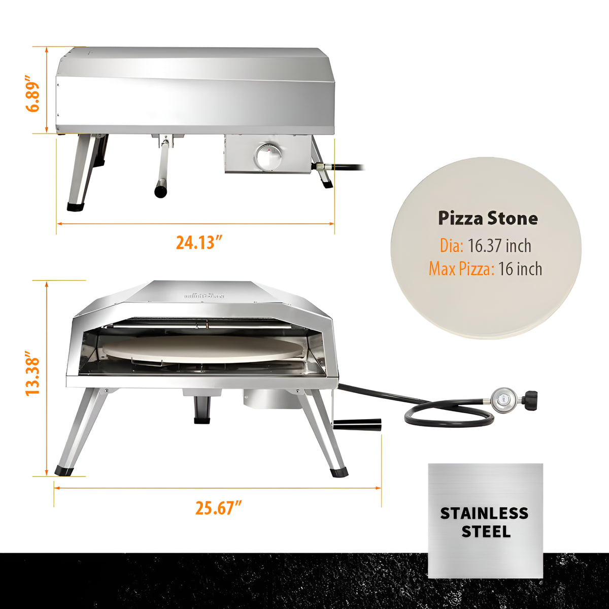 16 In. Propane Pizza Oven, Outdoor Pizza Oven in Stainless Steel, W/Rotating Pizza Stone — product view 9