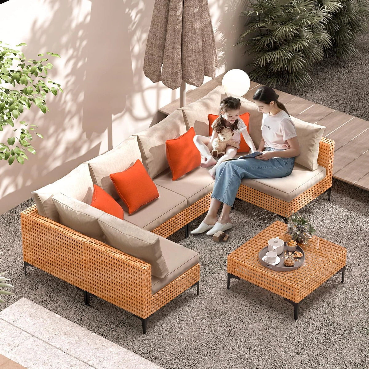5 Piece Outdoor Patio Furniture Set Modular Outdoor Furniture Set Wicker Outdoor Sectional Sofa with Cushions and Table Patio Set for Balcony Porch Deck Yard ( (Salmon&Orange Wicker, Sand Cushion)) — product view 3