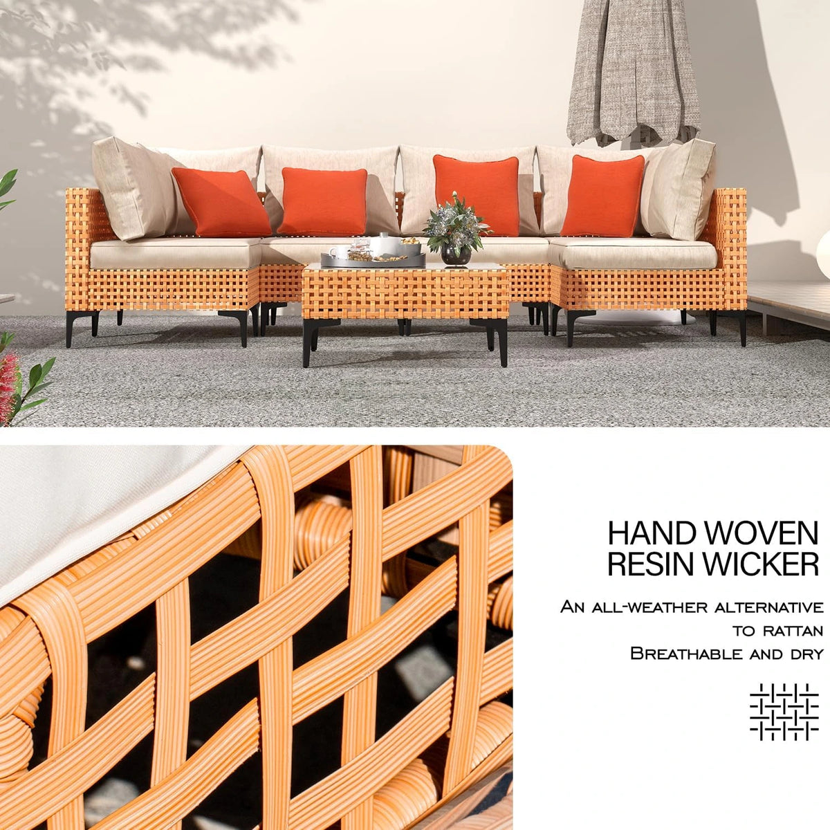 5 Piece Outdoor Patio Furniture Set Modular Outdoor Furniture Set Wicker Outdoor Sectional Sofa with Cushions and Table Patio Set for Balcony Porch Deck Yard ( (Salmon&Orange Wicker, Sand Cushion)) — product view 6