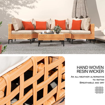 5 Piece Outdoor Patio Furniture Set Modular Outdoor Furniture Set Wicker Outdoor Sectional Sofa with Cushions and Table Patio Set for Balcony Porch Deck Yard ( (Salmon&Orange Wicker, Sand Cushion)) — product view 6