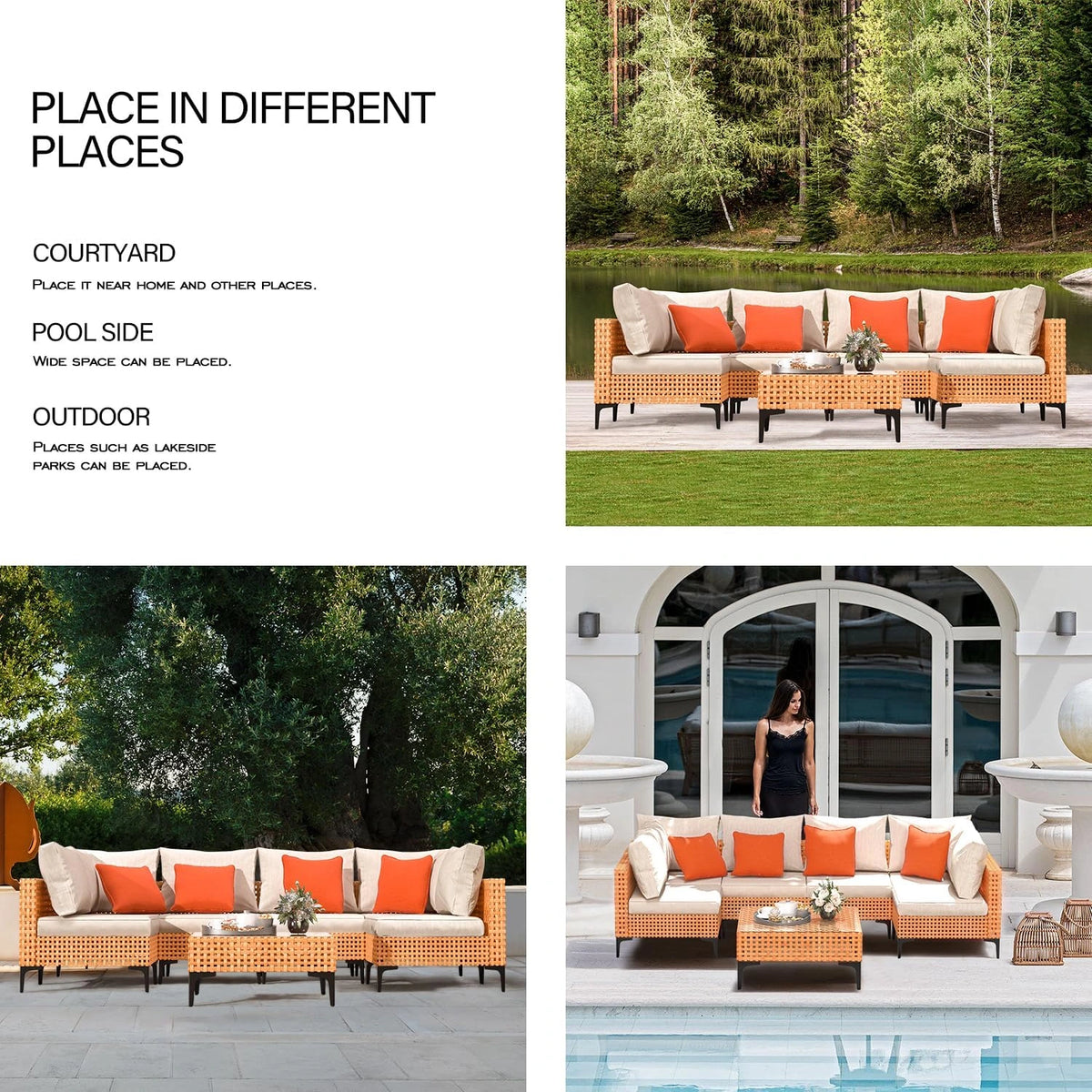 5 Piece Outdoor Patio Furniture Set Modular Outdoor Furniture Set Wicker Outdoor Sectional Sofa with Cushions and Table Patio Set for Balcony Porch Deck Yard ( (Salmon&Orange Wicker, Sand Cushion)) — product view 7