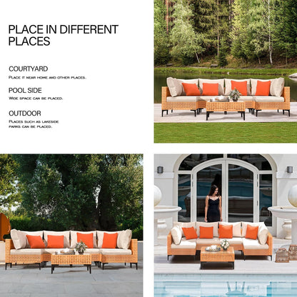 5 Piece Outdoor Patio Furniture Set Modular Outdoor Furniture Set Wicker Outdoor Sectional Sofa with Cushions and Table Patio Set for Balcony Porch Deck Yard ( (Salmon&Orange Wicker, Sand Cushion)) — product view 7