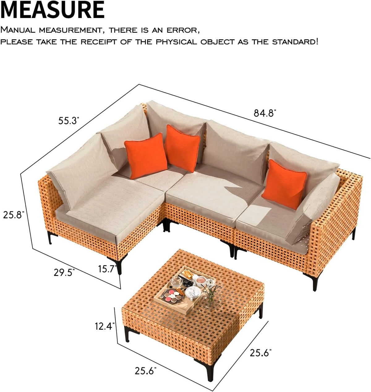 5 Piece Outdoor Patio Furniture Set Modular Outdoor Furniture Set Wicker Outdoor Sectional Sofa with Cushions and Table Patio Set for Balcony Porch Deck Yard ( (Salmon&Orange Wicker, Sand Cushion)) — product view 8