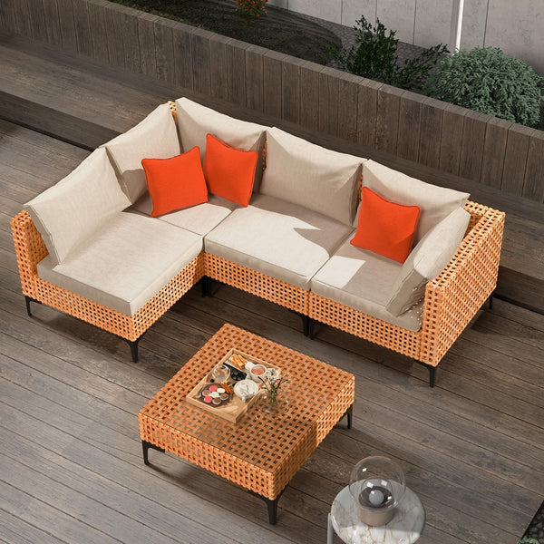 5-Piece Modular Wicker Sectional Sofa Set – Salmon & Orange