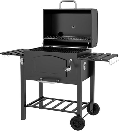 Charcoal Grill with Adjustable Height, Folding Shelves, Black