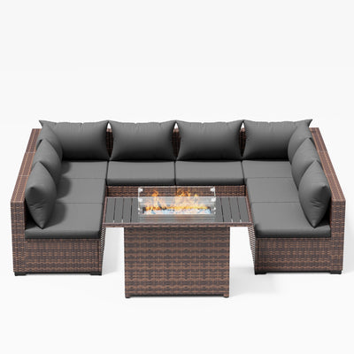 9-Piece Wicker Sectional Patio Set with Fire Pit Table – Grey