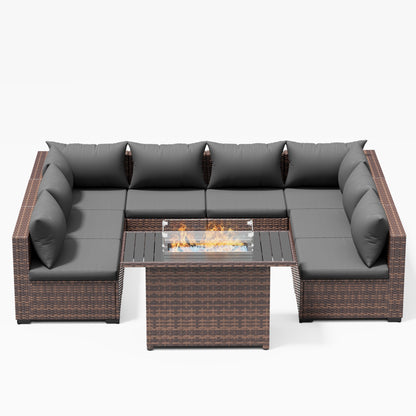 Patio Furniture Set, Outdoor Patio Furniture Wicker Sectional Furniture Couch Set, 9 Pieces Outdoor Sectional Sofa with Fire Pit Table, Outdoor Patio Set for Outdoor Furniture (Grey)