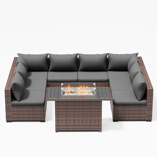 Patio Furniture Set, Outdoor Patio Furniture Wicker Sectional Furniture Couch Set, 9 Pieces Outdoor Sectional Sofa with Fire Pit Table, Outdoor Patio Set for Outdoor Furniture (Grey)