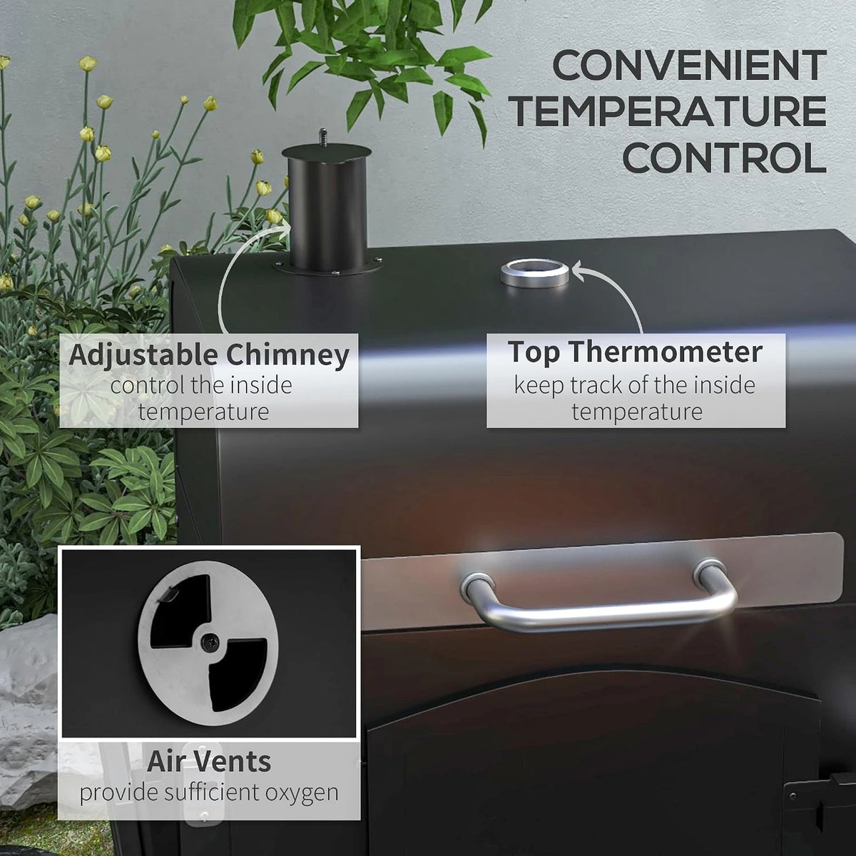 Charcoal Grill with Adjustable Height, Folding Shelves, Black — product view 3