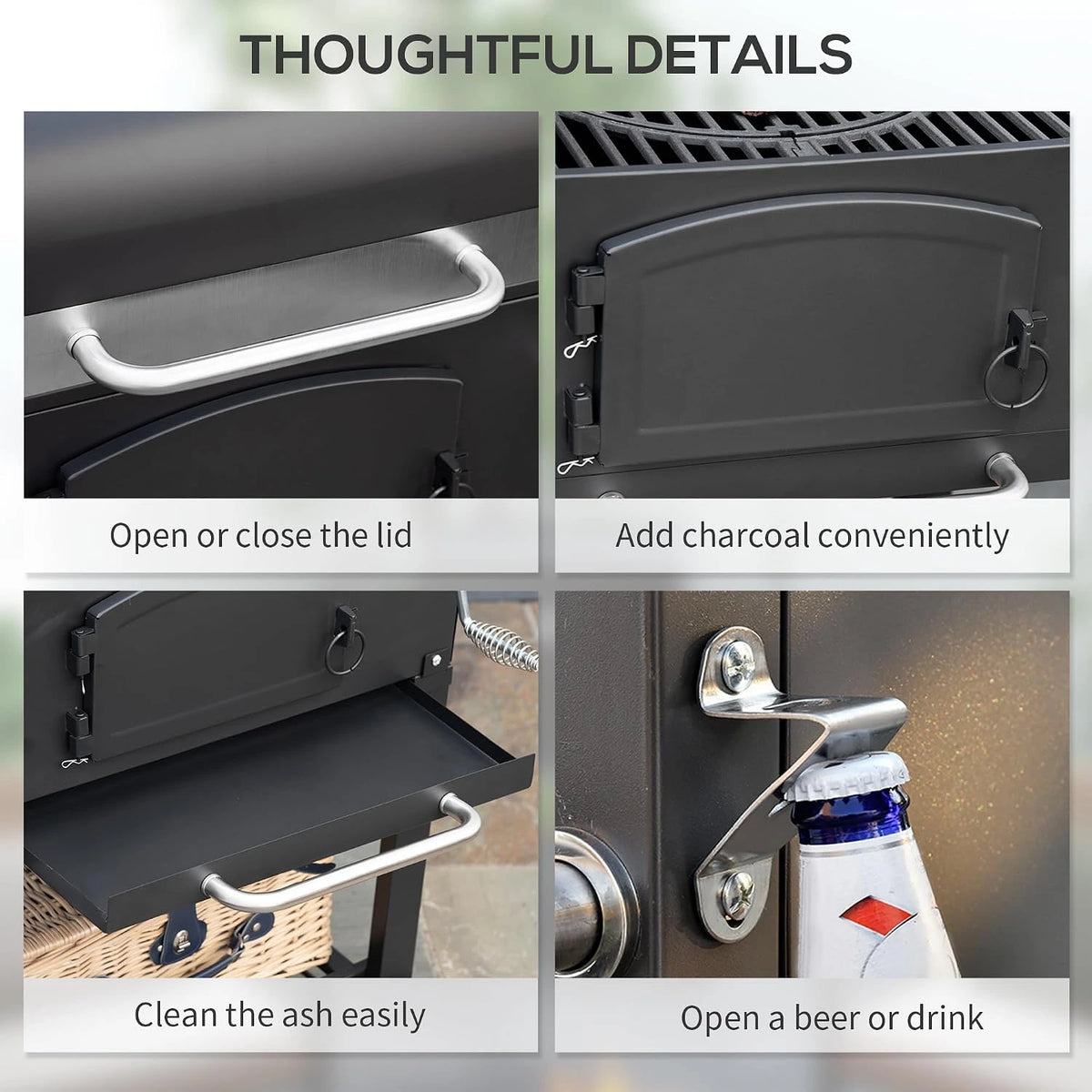 Charcoal Grill with Adjustable Height, Folding Shelves, Black — product view 6