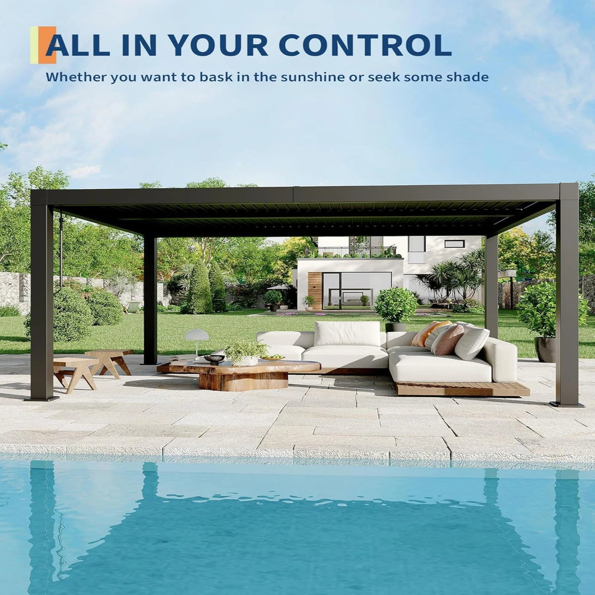 Louvered Pergola, Outdoor Pergola with Adjustable Louvered Roof, Reinforced Aluminum Frame, Integrated Drainage System, Hardtop Gazebo for Patio — product view 3
