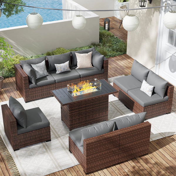 9-Piece Wicker Sectional Patio Set with Fire Pit Table – Grey