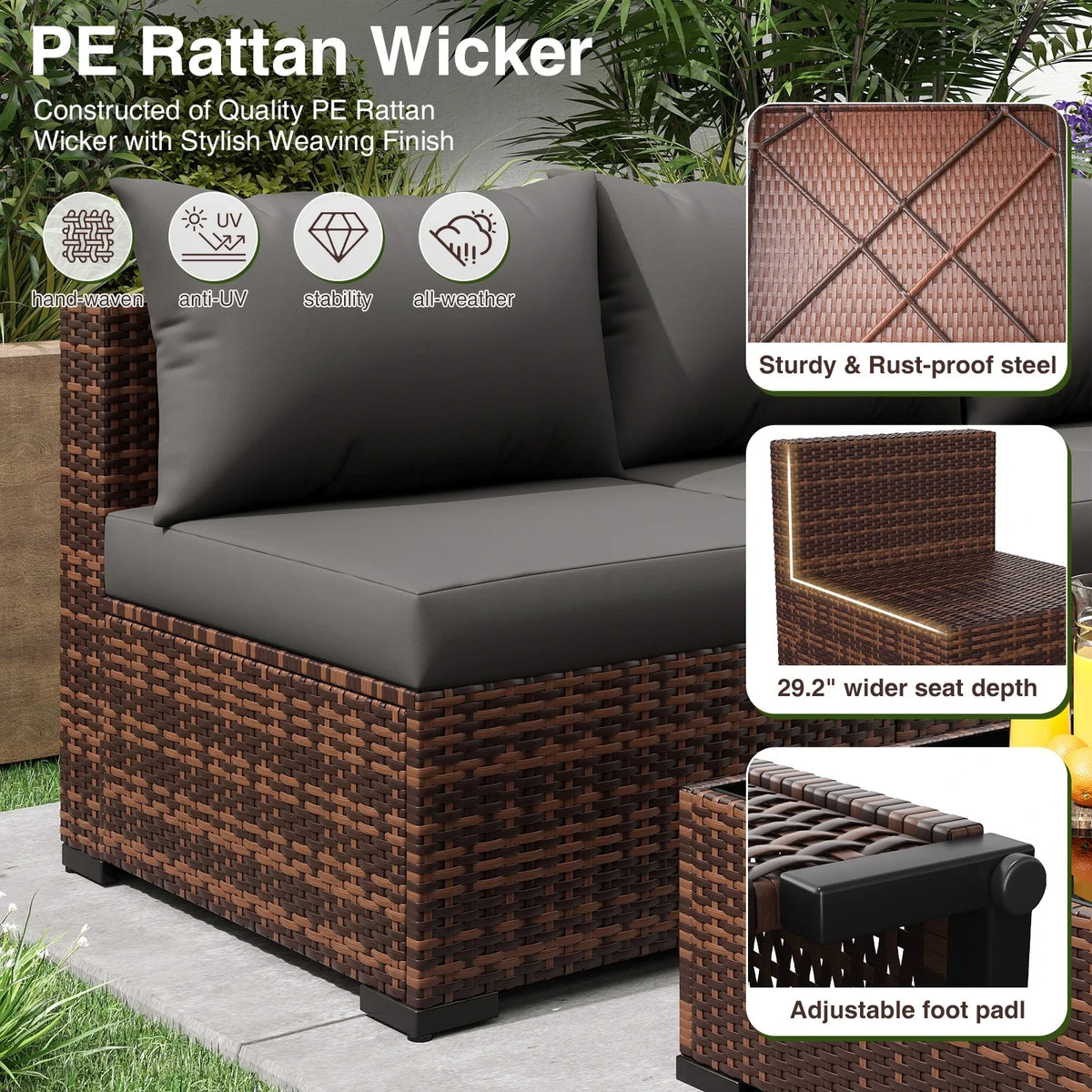 Patio Furniture Set, Outdoor Patio Furniture Wicker Sectional Furniture Couch Set, 9 Pieces Outdoor Sectional Sofa with Fire Pit Table, Outdoor Patio Set for Outdoor Furniture (Grey) — product view 5