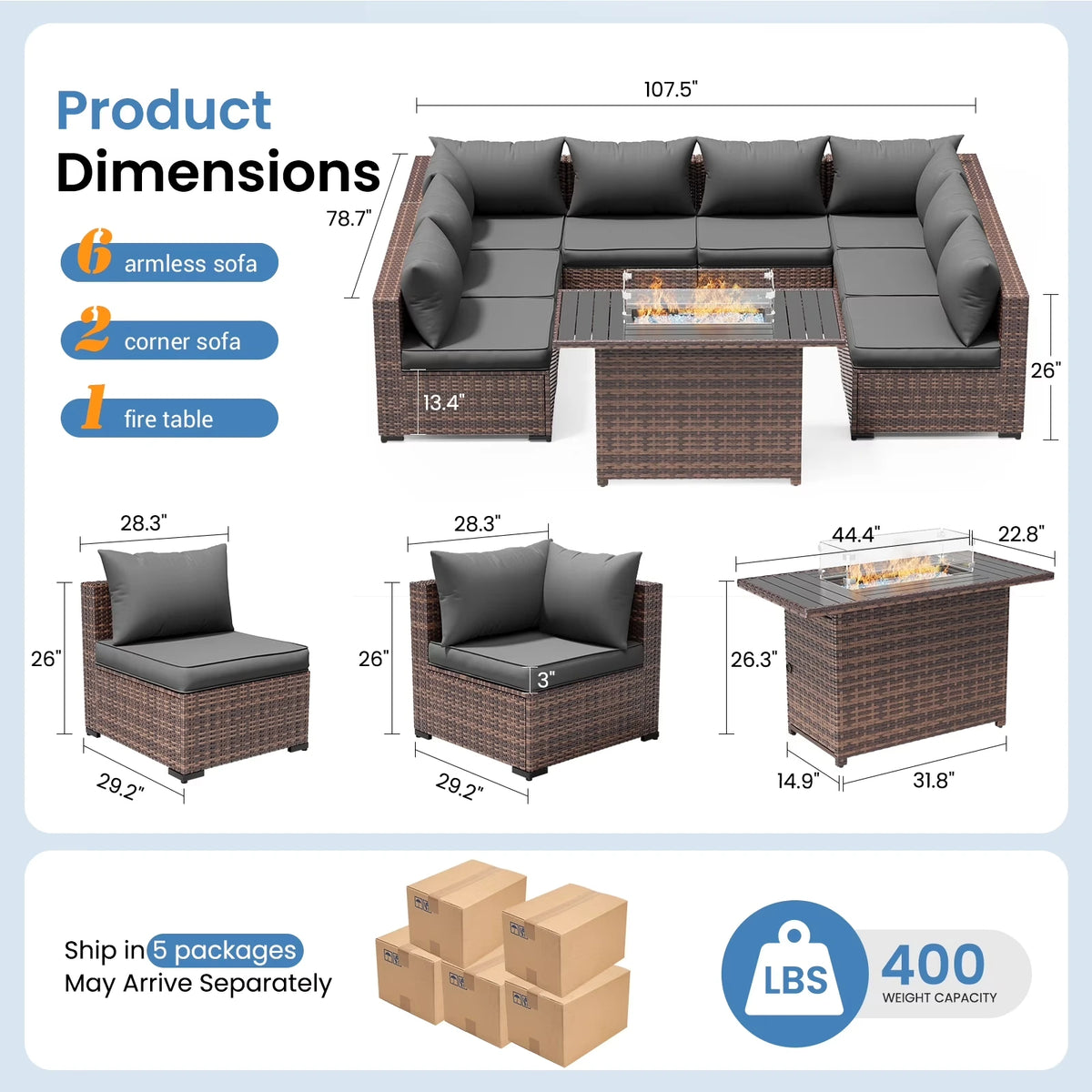 Patio Furniture Set, Outdoor Patio Furniture Wicker Sectional Furniture Couch Set, 9 Pieces Outdoor Sectional Sofa with Fire Pit Table, Outdoor Patio Set for Outdoor Furniture (Grey) — product view 6