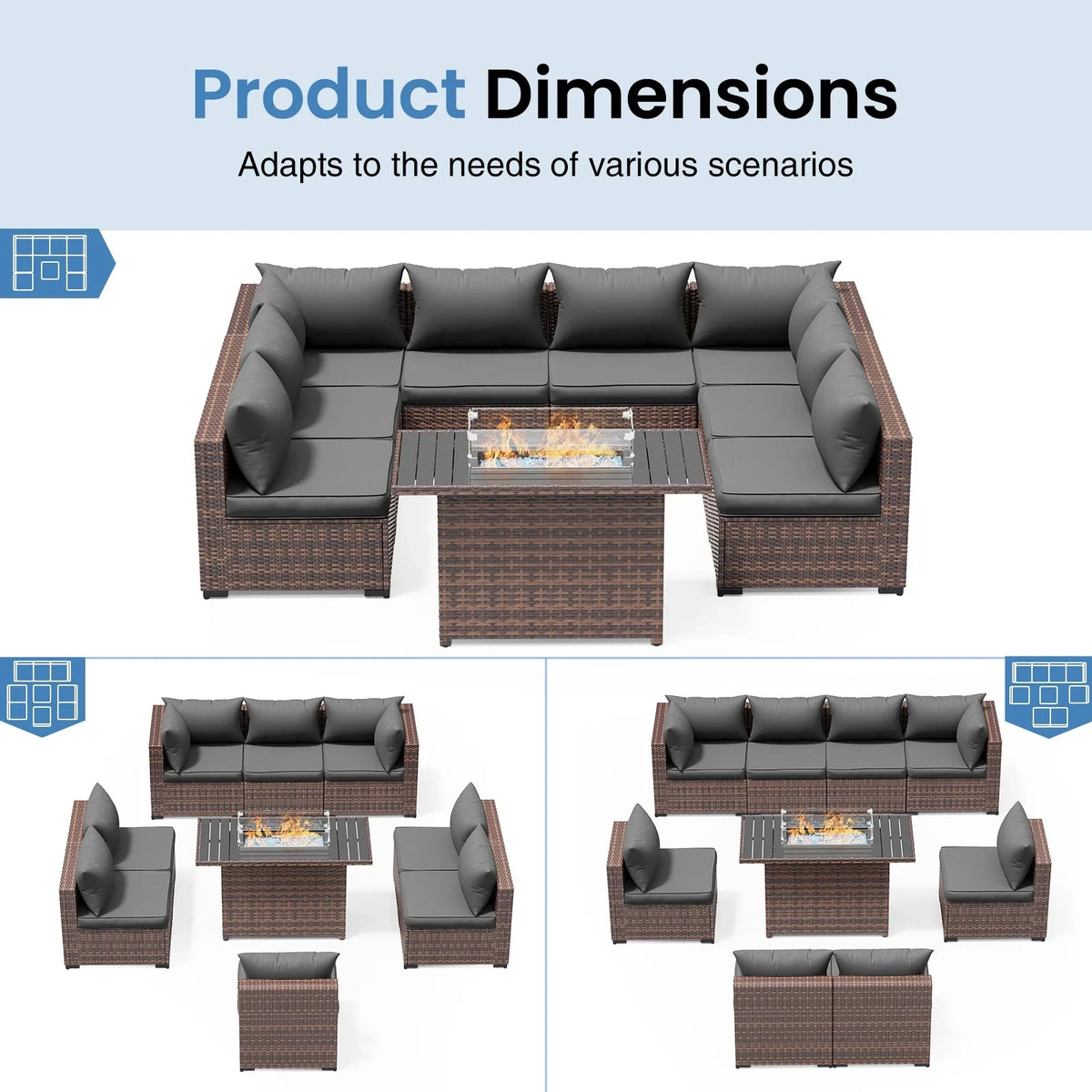 Patio Furniture Set, Outdoor Patio Furniture Wicker Sectional Furniture Couch Set, 9 Pieces Outdoor Sectional Sofa with Fire Pit Table, Outdoor Patio Set for Outdoor Furniture (Grey) — product view 7
